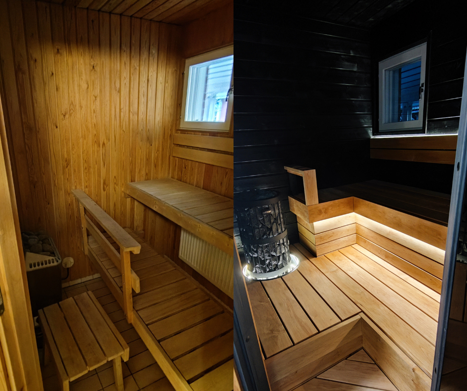 sauna ja kylpyhuoneremontti ennen ja jälkeen